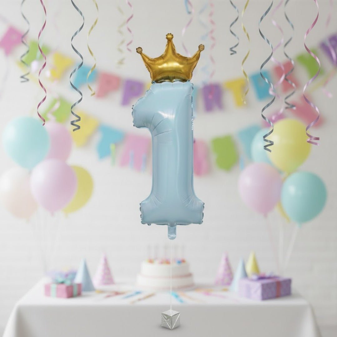 1st Birthday Pastel Blue W/crown Balloon 52"-1PC
