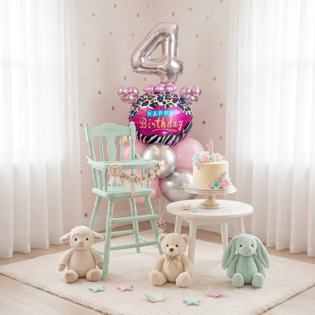 Designer Pink & Silver Balloon Bouquet Arrangement with 3D Butterflies for 4th Birthday