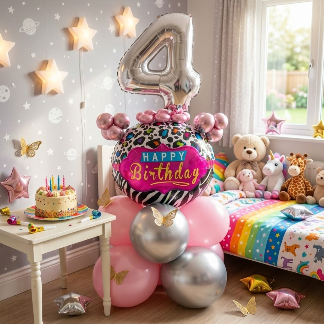 Designer Pink & Silver Balloon Bouquet Arrangement with 3D Butterflies for 4th Birthday