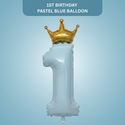 1st Birthday Pastel Blue Foil Balloon with Golden Crown 52"-1PC