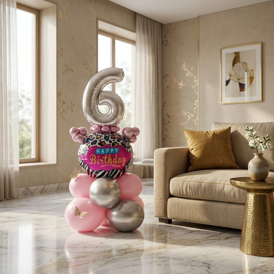 Designer Pink & Silver Balloon Bouquet Arrangement with 3D Butterflies for 6th Birthday