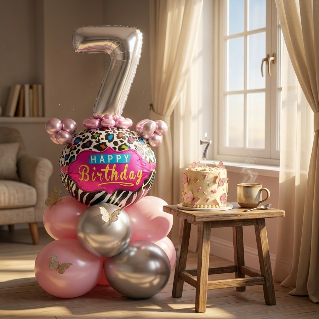 Designer Pink & Silver Balloon Bouquet Arrangement with 3D Butterflies for 7th Birthday