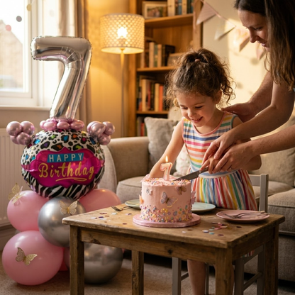 Designer Pink & Silver Balloon Bouquet Arrangement with 3D Butterflies for 7th Birthday