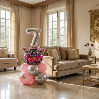 Designer Pink & Silver Balloon Bouquet Arrangement with 3D Butterflies for 7th Birthday