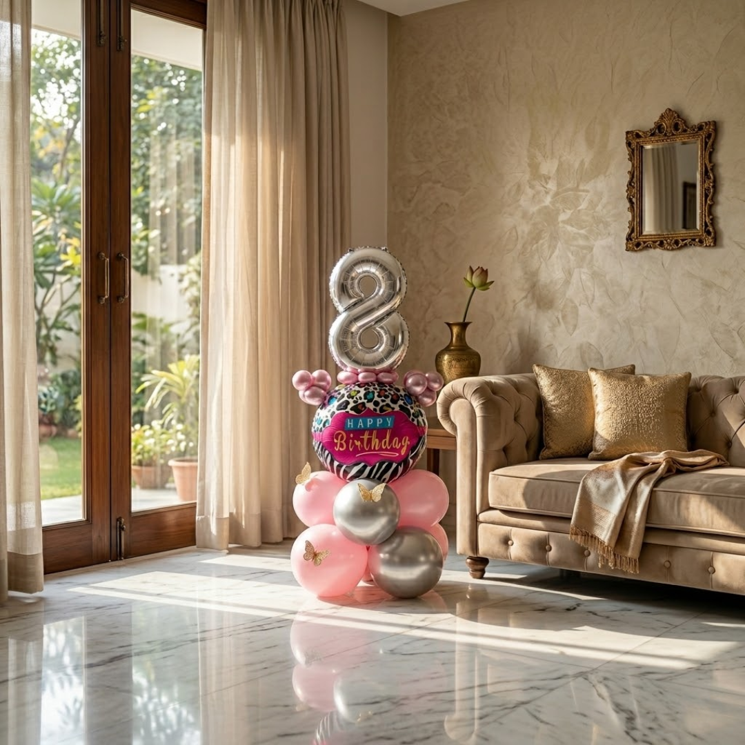 Designer Pink & Silver Balloon Bouquet Arrangement with 3D Butterflies for 8th Birthday