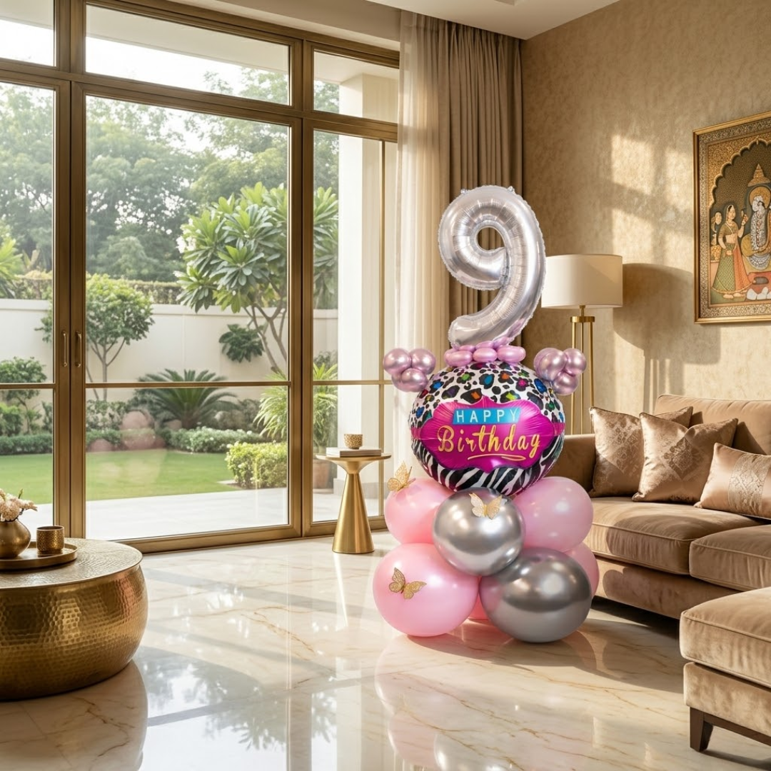 Designer Pink & Silver Balloon Bouquet Arrangement with 3D Butterflies for 9th Birthday