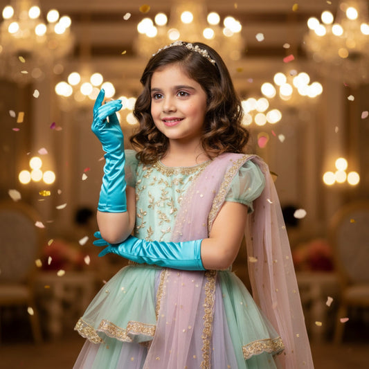 Long Satin Blue Gloves for Kids