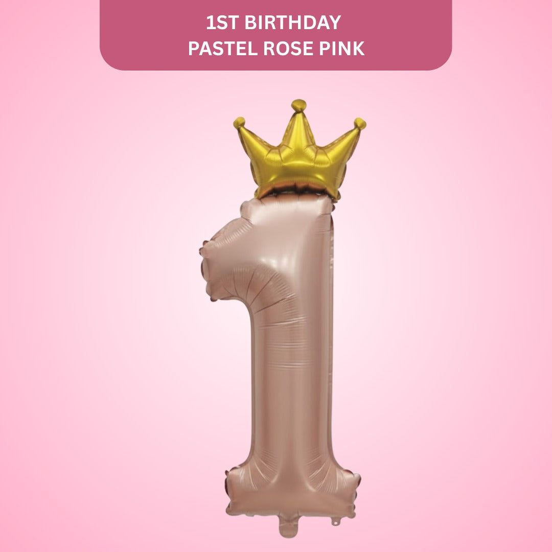 1st Birthday Pastel Rose Pink W/crown Balloon 52"-1PC