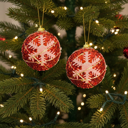 Christmas Tree Ornaments Red Ball with Snow Flakes - Set of 2