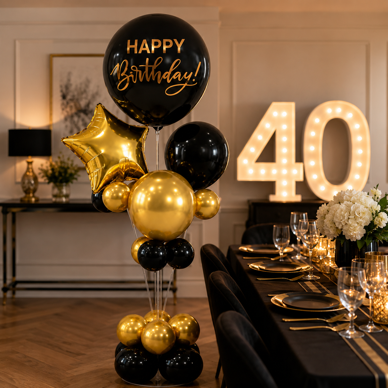 Black & Gold Happy Birthday Balloon Bouquet Stand Set - 21 Pcs | Balloons with Plum Blossom Base, Holder & Fiber Rods | Table Centerpiece Decoration for Birthday Party - 1 Set