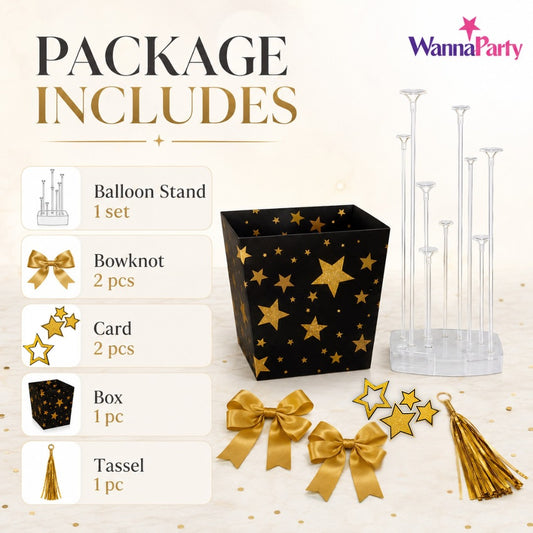 Black and Golden Balloon Bouqet Set with Base Stand - 16PC | Table Centerpiece Decoration | Foli Star & Printed Latex Balloons - 1 Set