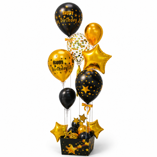 Black and Golden Balloon Bouqet Set with Base Stand - 16PC | Table Centerpiece Decoration | Foli Star & Printed Latex Balloons - 1 Set