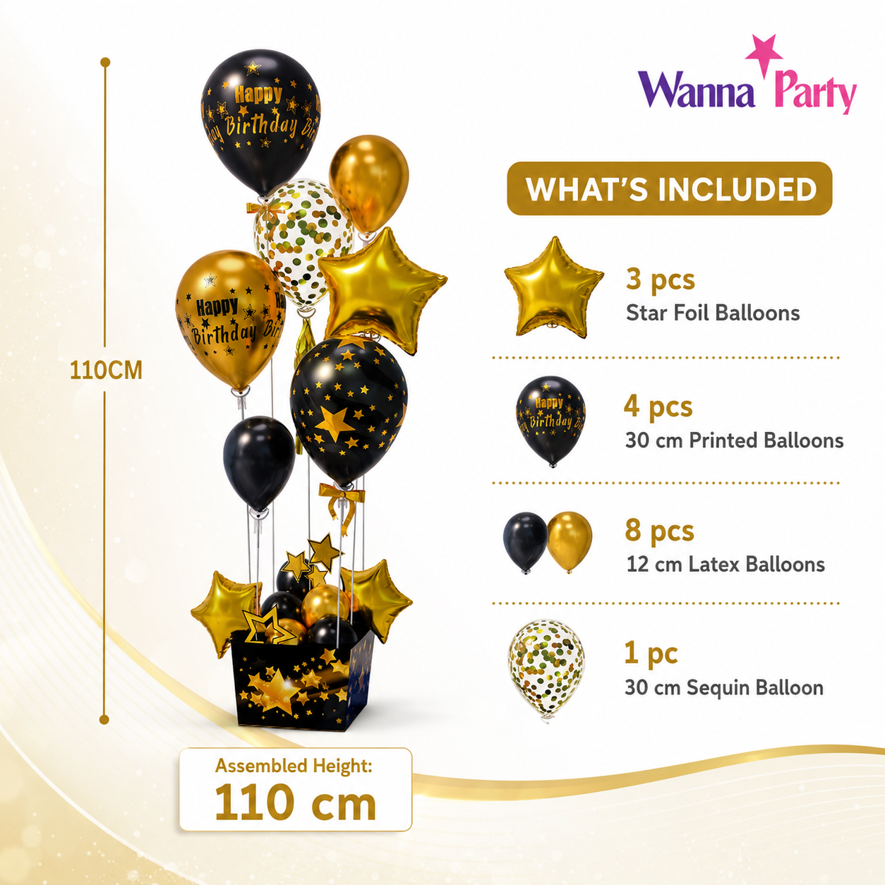 Black and Golden Balloon Bouqet Set with Base Stand - 16PC | Table Centerpiece Decoration | Foli Star & Printed Latex Balloons - 1 Set