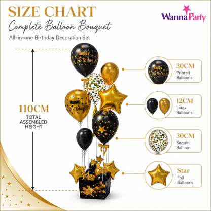 Black and Golden Balloon Bouqet Set with Base Stand - 16PC | Table Centerpiece Decoration | Foli Star & Printed Latex Balloons - 1 Set