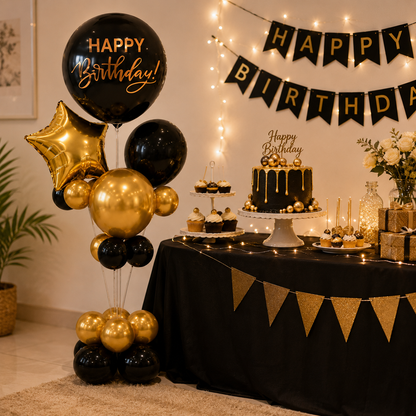 Black & Gold Happy Birthday Balloon Bouquet Stand Set - 21 Pcs | Balloons with Plum Blossom Base, Holder & Fiber Rods | Table Centerpiece Decoration for Birthday Party - 1 Set