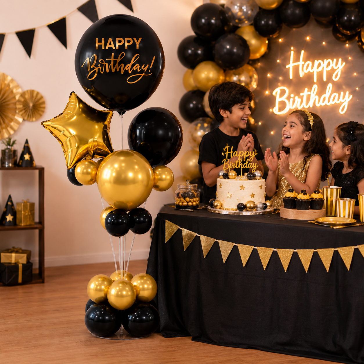 Black & Gold Happy Birthday Balloon Bouquet Stand Set - 21 Pcs | Balloons with Plum Blossom Base, Holder & Fiber Rods | Table Centerpiece Decoration for Birthday Party - 1 Set