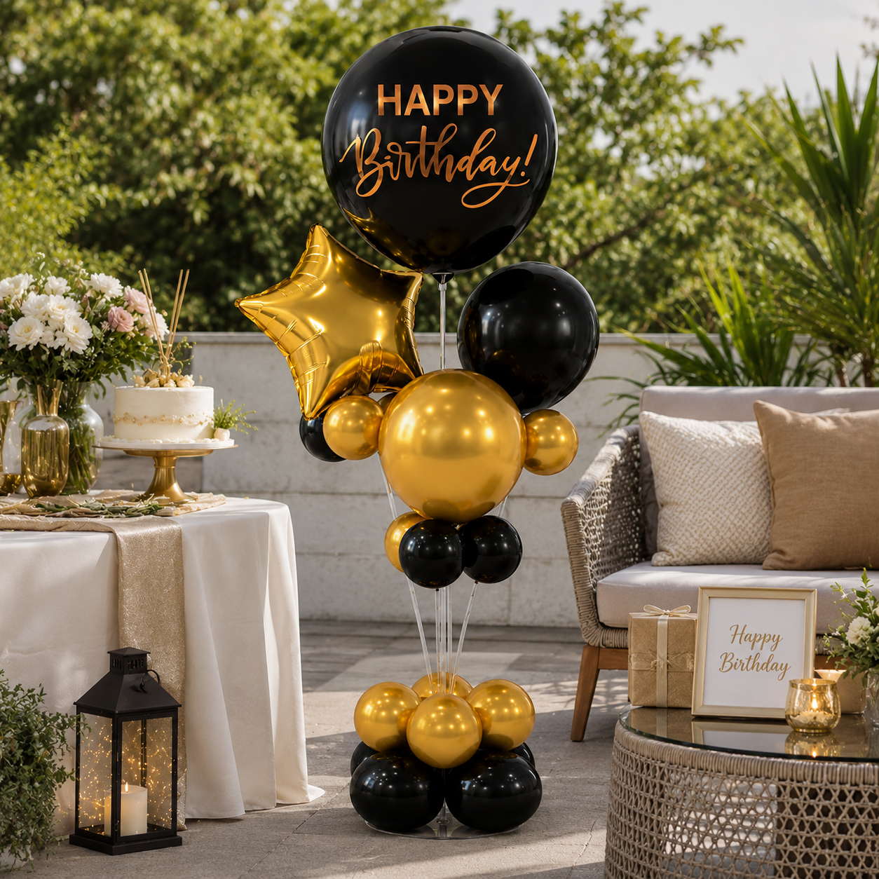 Black & Gold Happy Birthday Balloon Bouquet Stand Set - 21 Pcs | Balloons with Plum Blossom Base, Holder & Fiber Rods | Table Centerpiece Decoration for Birthday Party - 1 Set