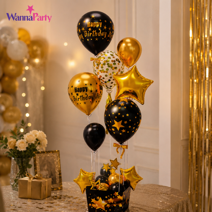 Black and Golden Balloon Bouqet Set with Base Stand - 16PC | Table Centerpiece Decoration | Foli Star & Printed Latex Balloons - 1 Set