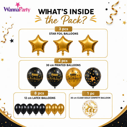 Black and Golden Balloon Bouqet Set with Base Stand - 16PC | Table Centerpiece Decoration | Foli Star & Printed Latex Balloons - 1 Set
