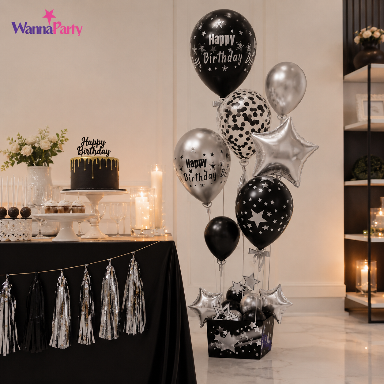 Black and Silver Balloon Bouqet Set with Base Stand - 16PC | Table Centerpiece Decoration | Foli Star & Printed Latex Balloons - 1 Set