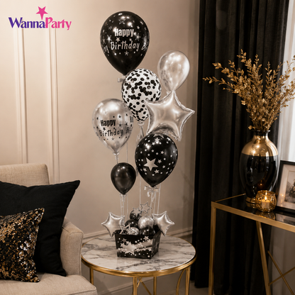 Black and Silver Balloon Bouqet Set with Base Stand - 16PC | Table Centerpiece Decoration | Foli Star & Printed Latex Balloons - 1 Set