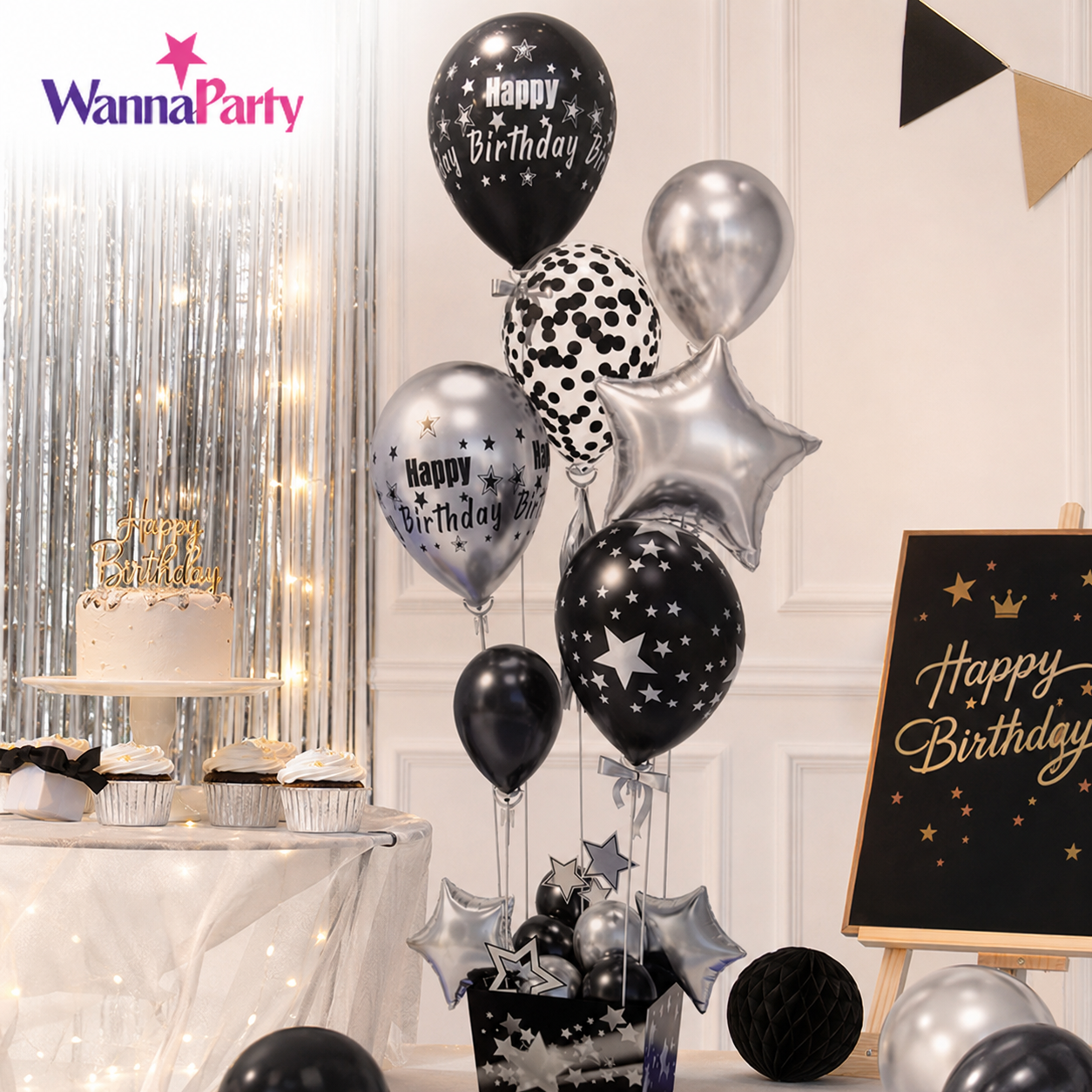 Black and Silver Balloon Bouqet Set with Base Stand - 16PC | Table Centerpiece Decoration | Foli Star & Printed Latex Balloons - 1 Set