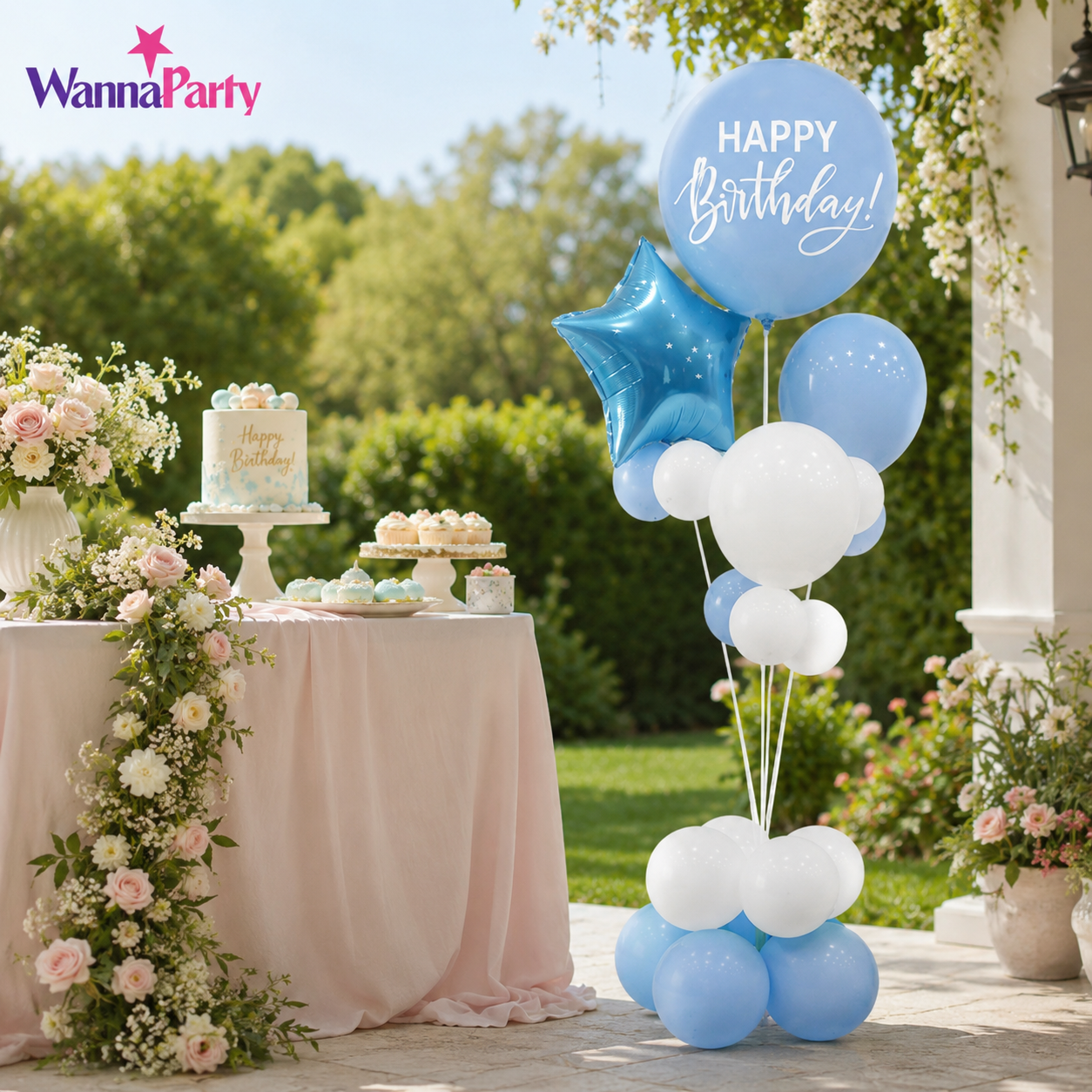 Blue & White Happy Birthday Balloon Bouquet Stand Set - 21 Pcs | Balloons with Plum Blossom Base, Holder & Fiber Rods, Table Centerpiece Decoration for Kids Adults Party - 1 Set