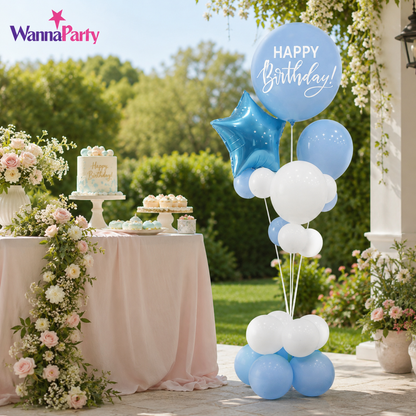 Blue & White Happy Birthday Balloon Bouquet Stand Set - 21 Pcs | Balloons with Plum Blossom Base, Holder & Fiber Rods, Table Centerpiece Decoration for Kids Adults Party - 1 Set
