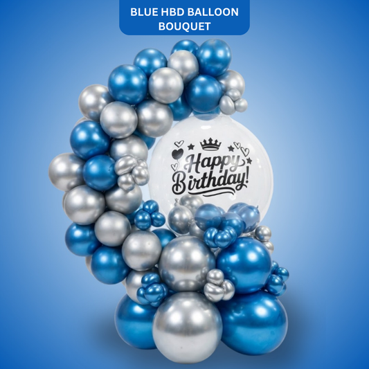 Designer Blue & Silver Balloon Bouquet Arrangement with Transaprent Round Bobo Balloon