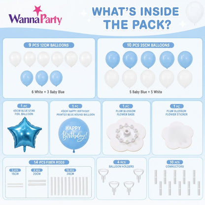Blue & White Happy Birthday Balloon Bouquet Stand Set - 21 Pcs | Balloons with Plum Blossom Base, Holder & Fiber Rods, Table Centerpiece Decoration for Kids Adults Party - 1 Set