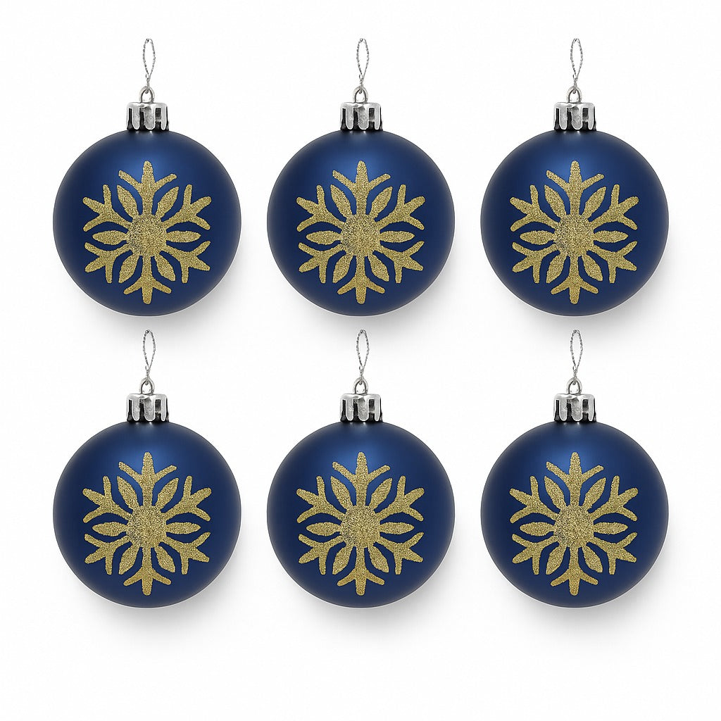 Christmas Blue Balls for Tree Ornaments with Golden Glitter - 6PC