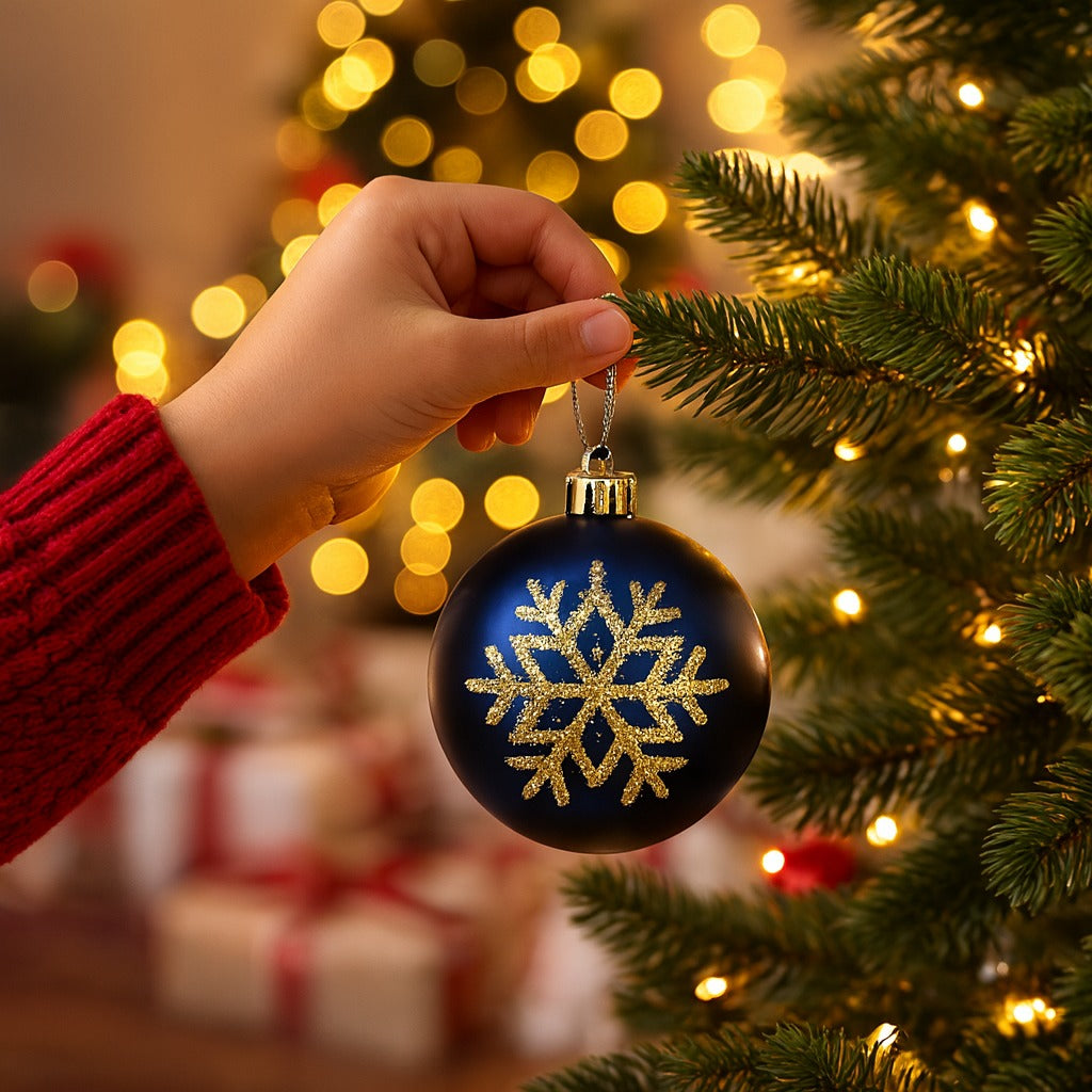 Christmas Blue Balls for Tree Ornaments with Golden Glitter - 6PC