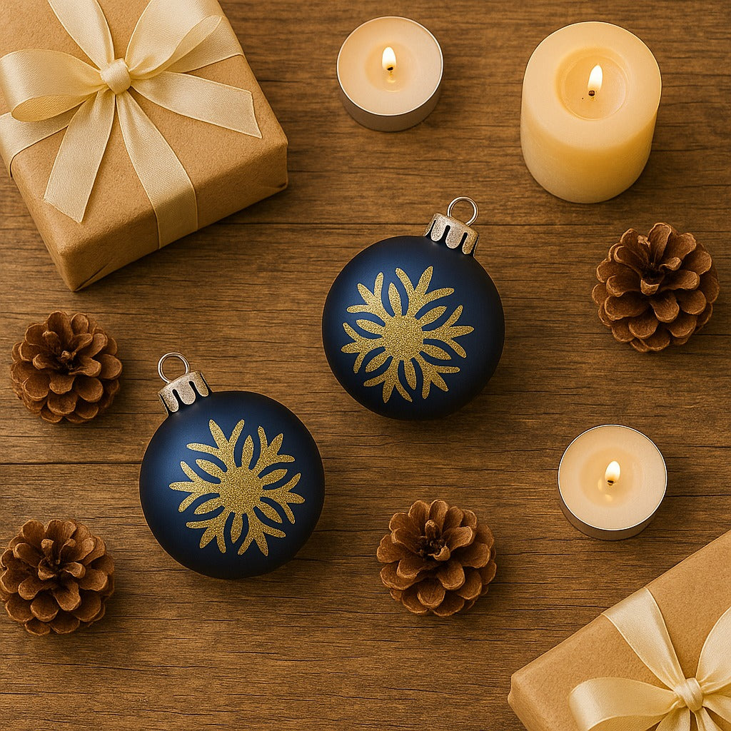 Christmas Blue Balls for Tree Ornaments with Golden Glitter - 6PC