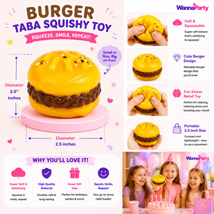 Cute Burger Taba Squishy Toy | Soft Slow Rebound Food Shaped Squeeze Toy for Kids, Stress Relief Toy, Party Favors, Return Gifts, Loot Bags & Pinata Fillers – 1PC