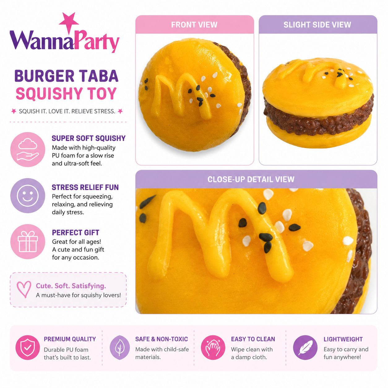 Cute Burger Taba Squishy Toy | Soft Slow Rebound Food Shaped Squeeze Toy for Kids, Stress Relief Toy, Party Favors, Return Gifts, Loot Bags & Pinata Fillers – 1PC