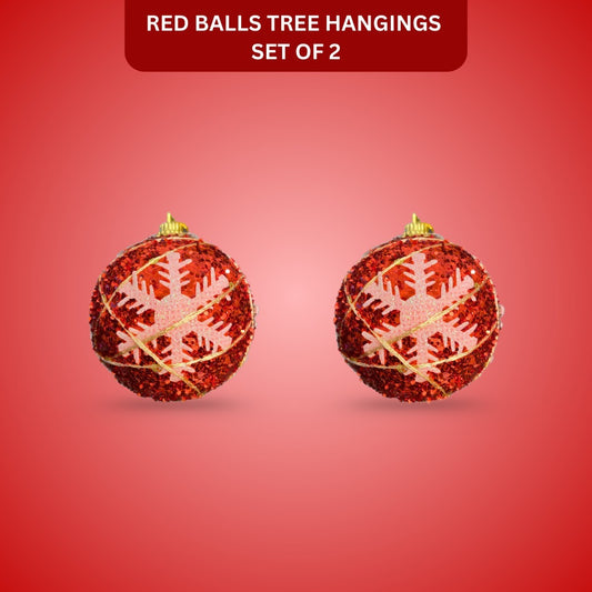 Christmas Tree Ornaments Red Ball with Snow Flakes - Set of 2