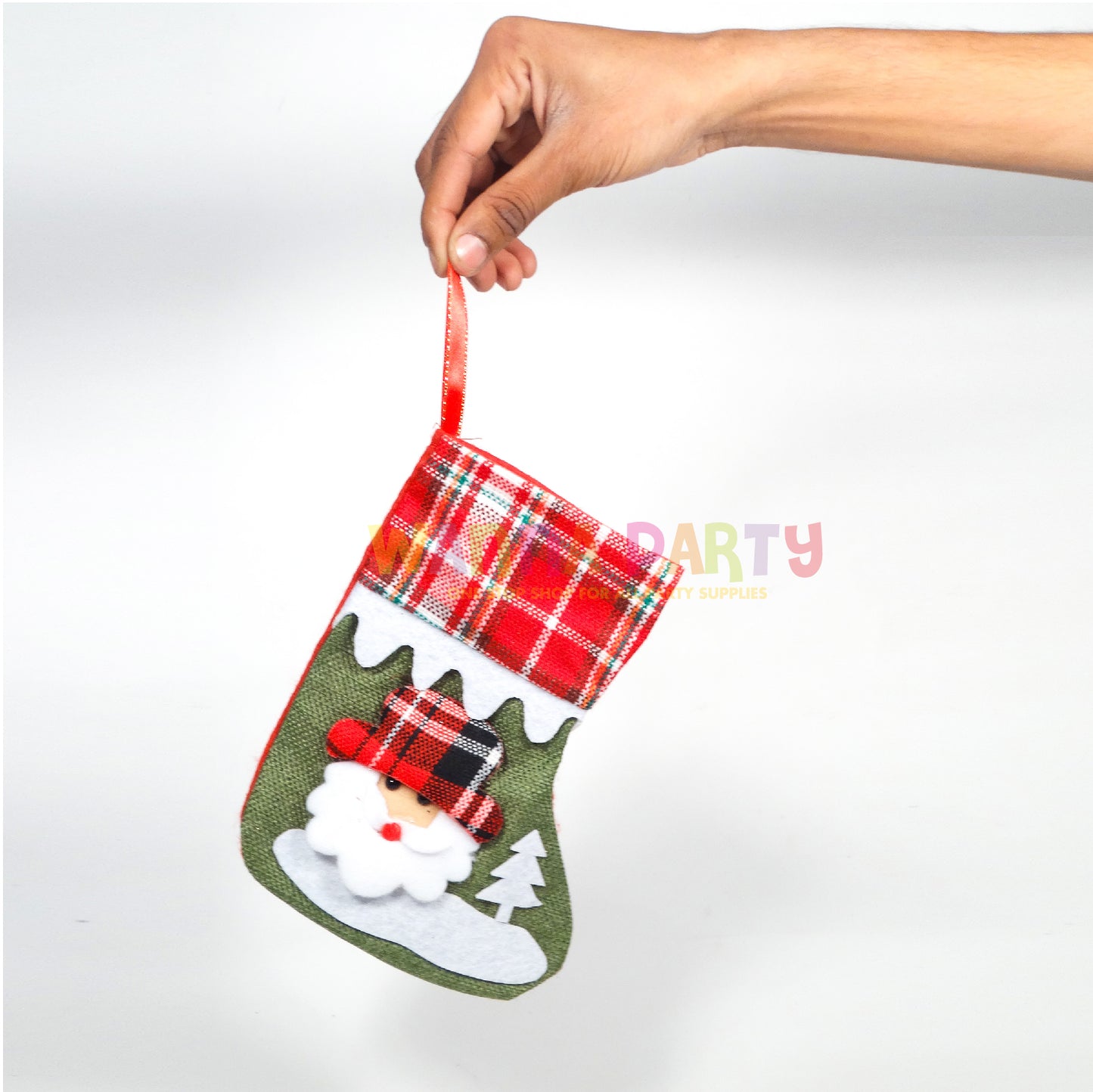 Red &amp; White Chequred Christmas Stockings with Christmas Tree Santa