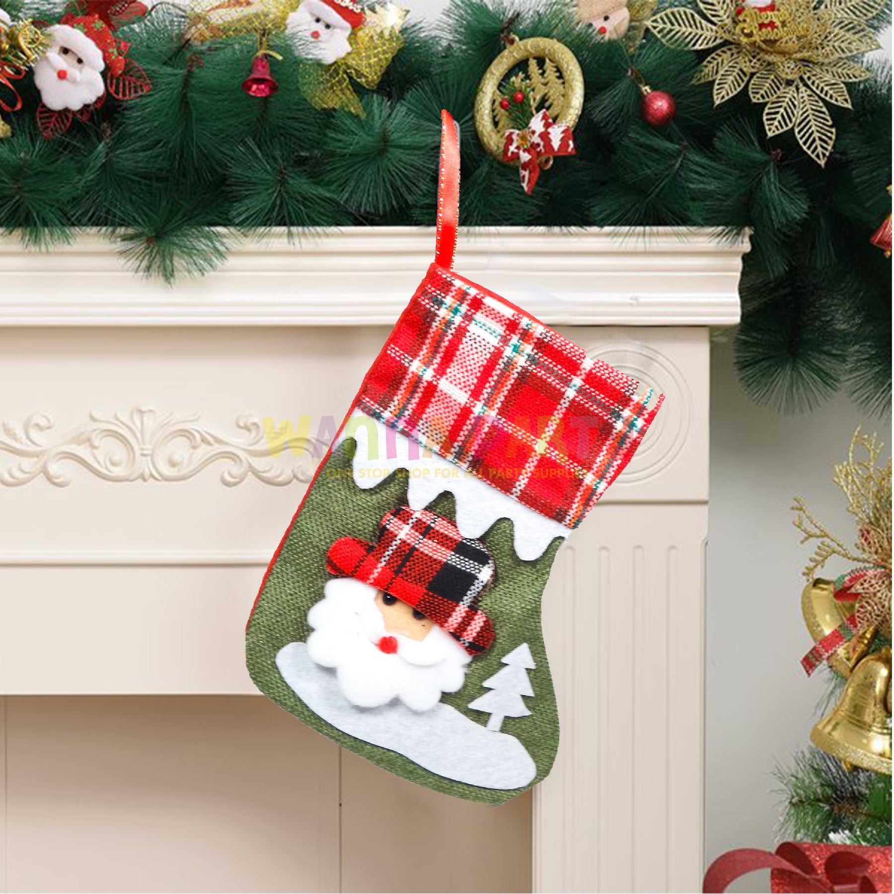 Red &amp; White Chequred Christmas Stockings with Christmas Tree Santa