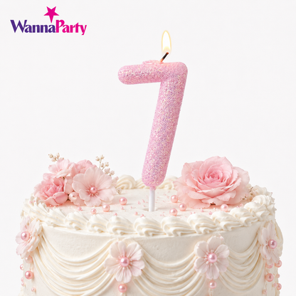 Glitter Designer Pink Candle Number 7 | Cake Candles