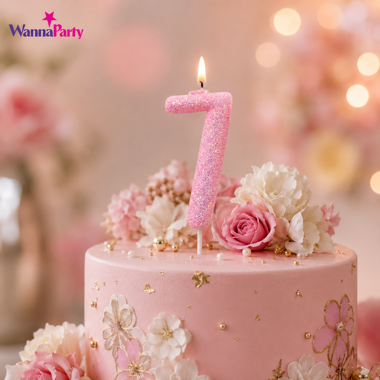 Glitter Designer Pink Candle Number 7 | Cake Candles