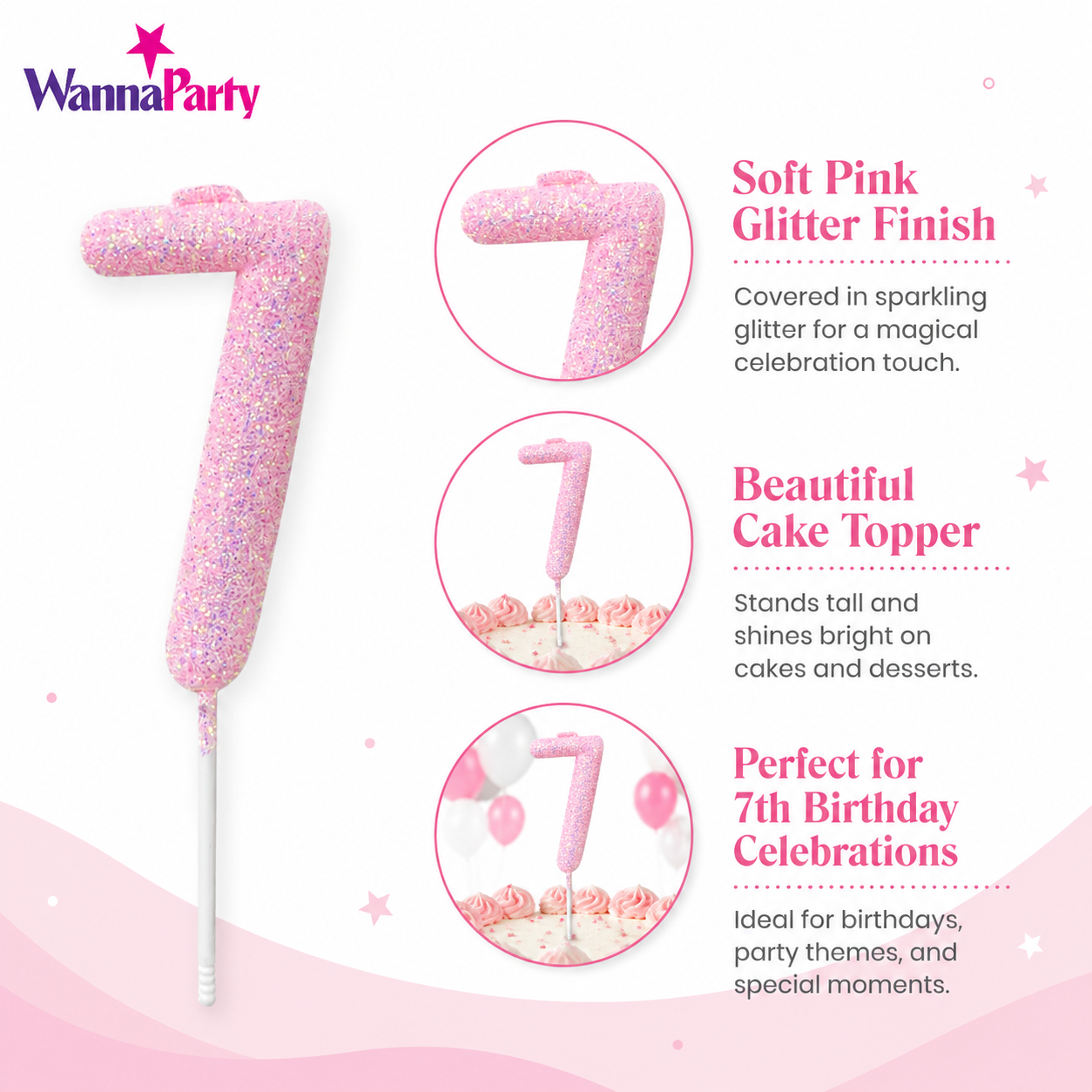Glitter Designer Pink Candle Number 7 | Cake Candles