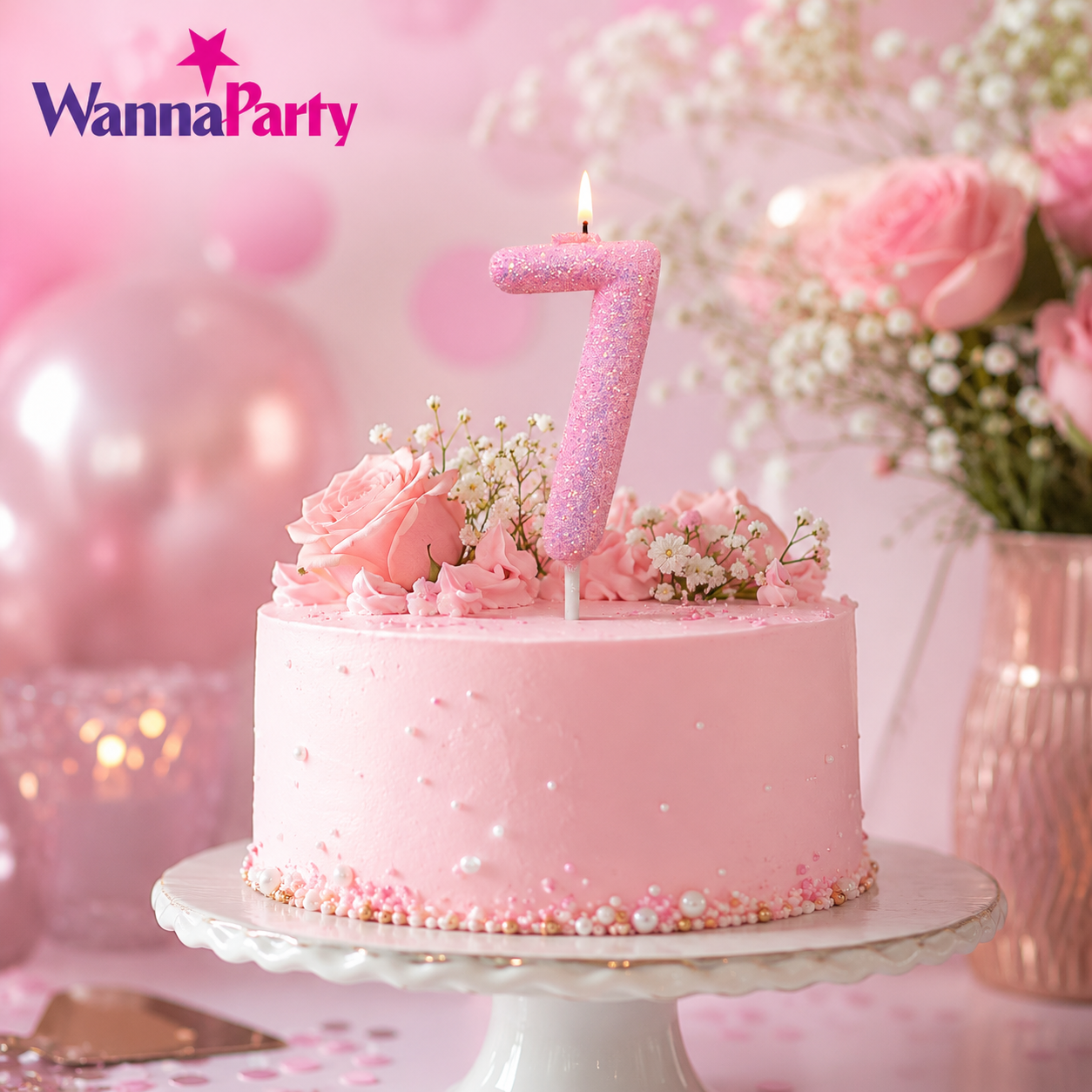 Glitter Designer Pink Candle Number 7 | Cake Candles