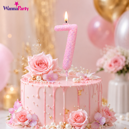Glitter Designer Pink Candle Number 7 | Cake Candles
