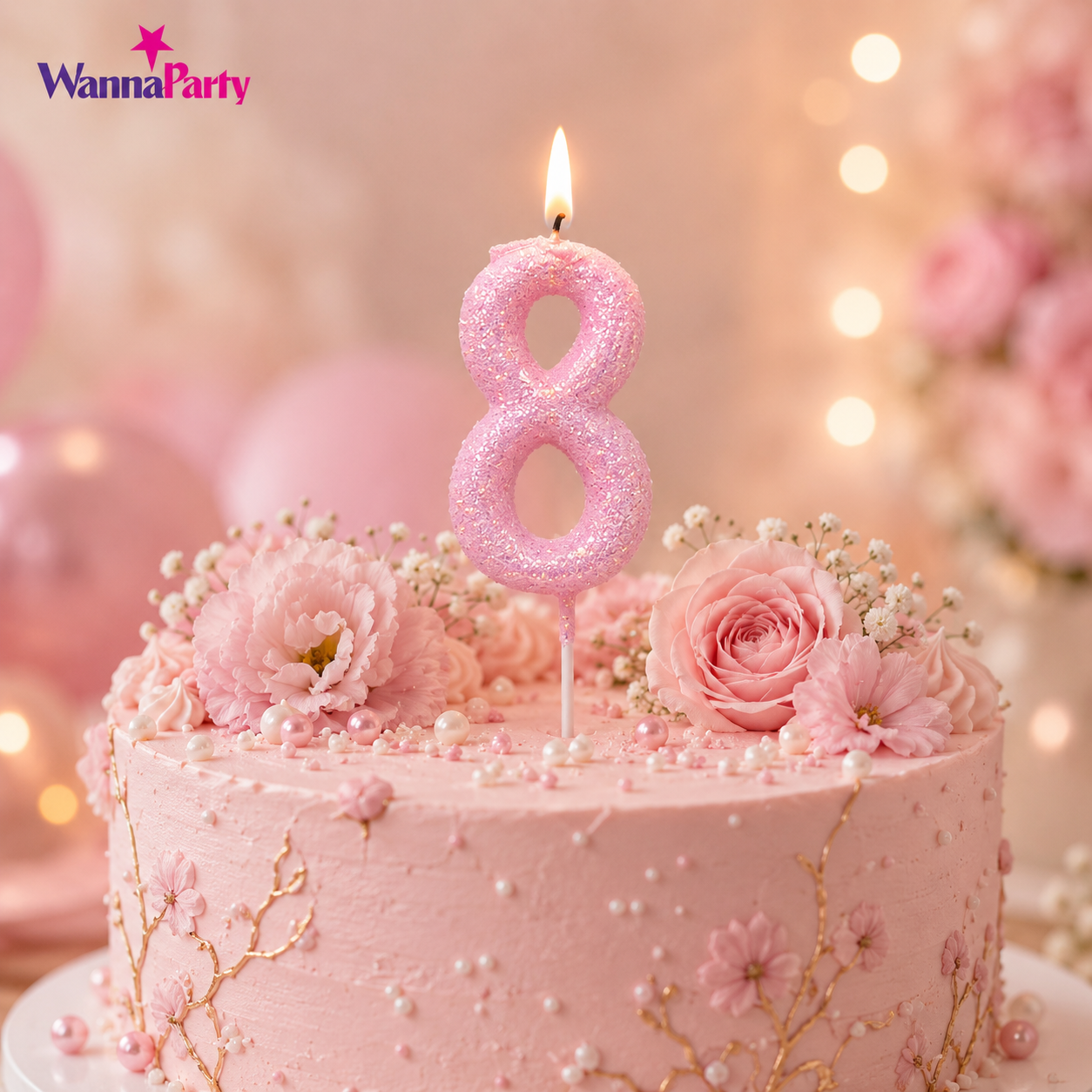 Glitter Designer Pink Candle Number 8 | Cake Candles