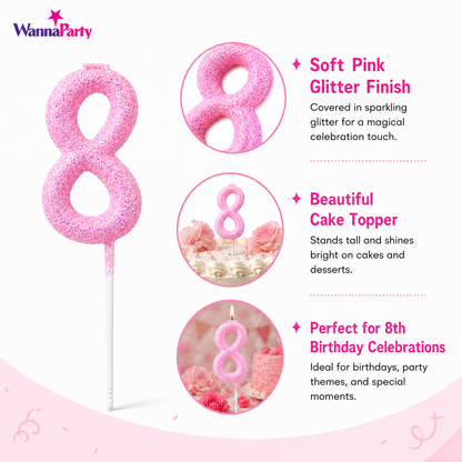 Glitter Designer Pink Candle Number 8 | Cake Candles