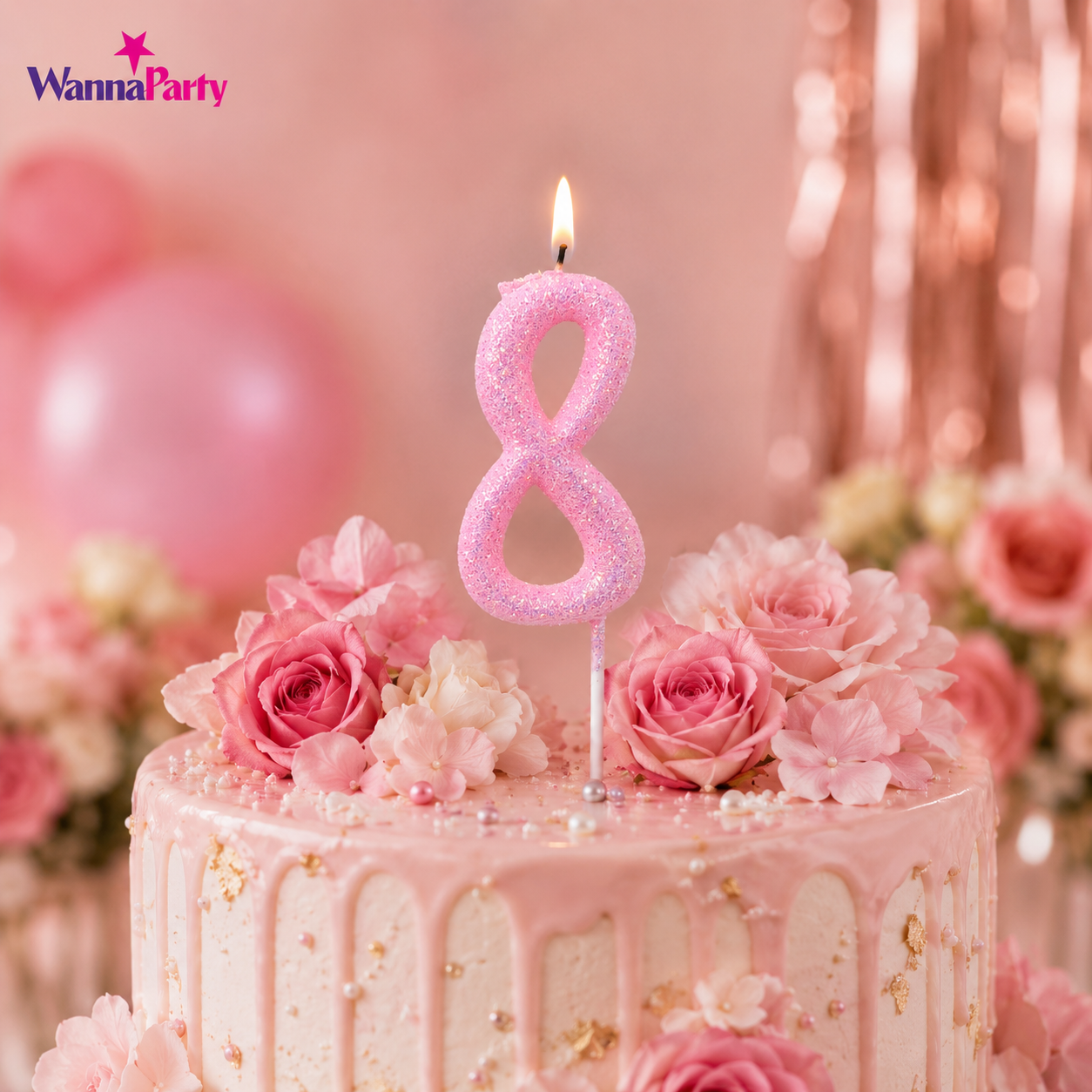 Glitter Designer Pink Candle Number 8 | Cake Candles