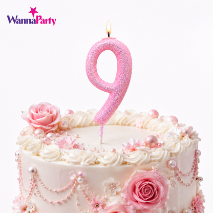 Glitter Designer Pink Candle Number 9 | Cake Candles