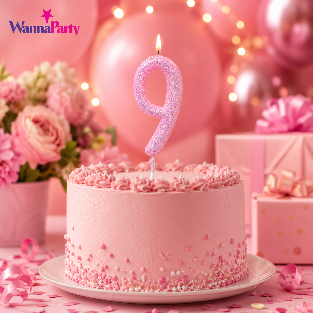 Glitter Designer Pink Candle Number 9 | Cake Candles