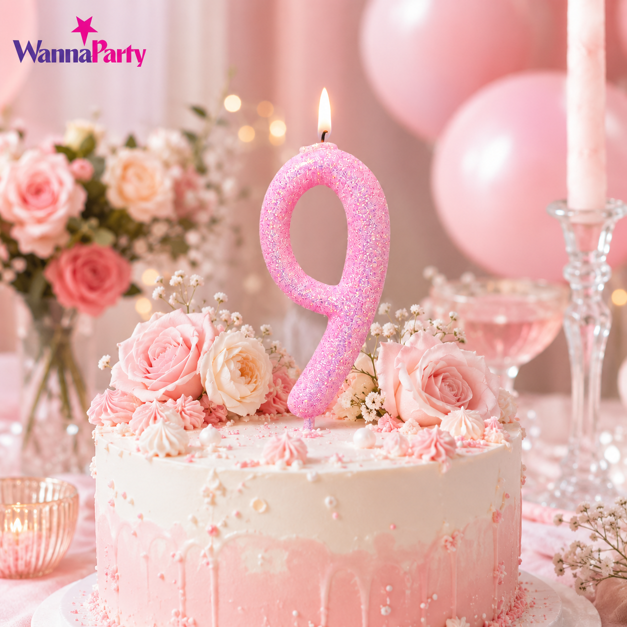 Glitter Designer Pink Candle Number 9 | Cake Candles