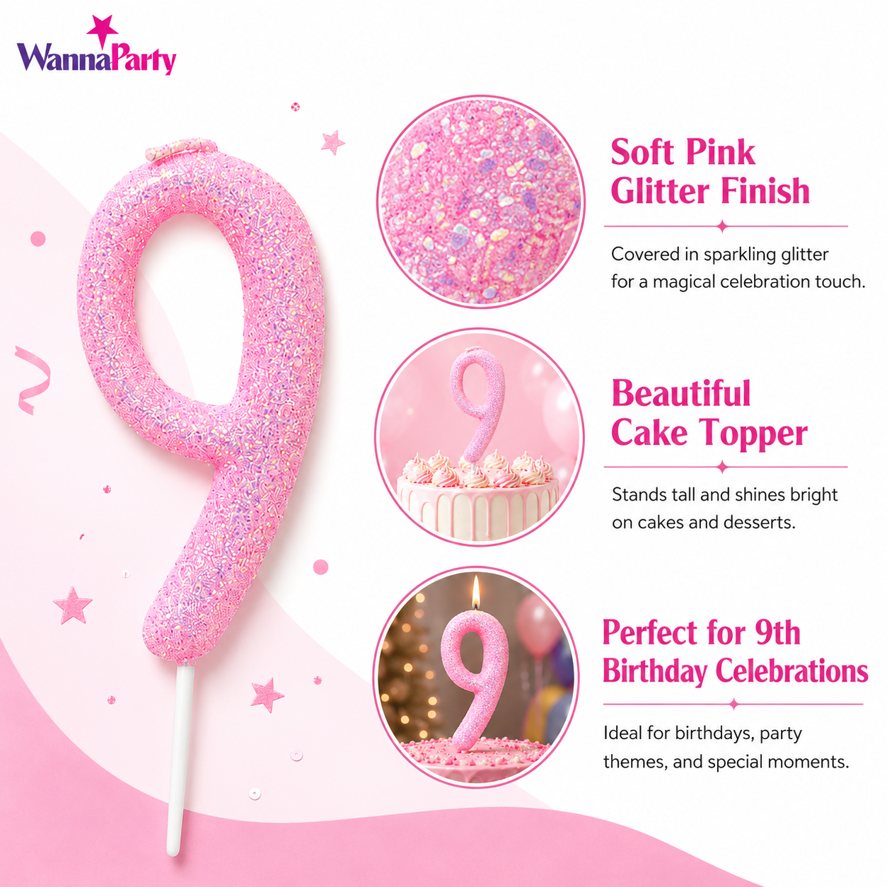 Glitter Designer Pink Candle Number 9 | Cake Candles
